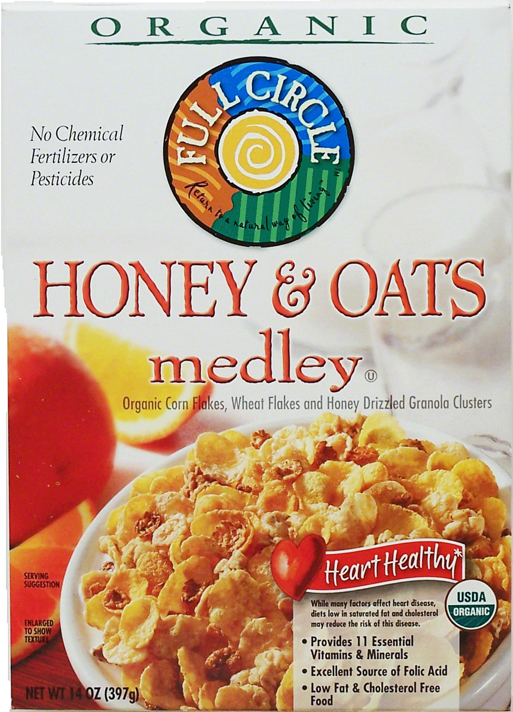 Full Circle&nbsp;Honey & Oats medley&nbsp;organic corn flakes, wheat flakes and honey drizzled granola clusters Full-Size Picture